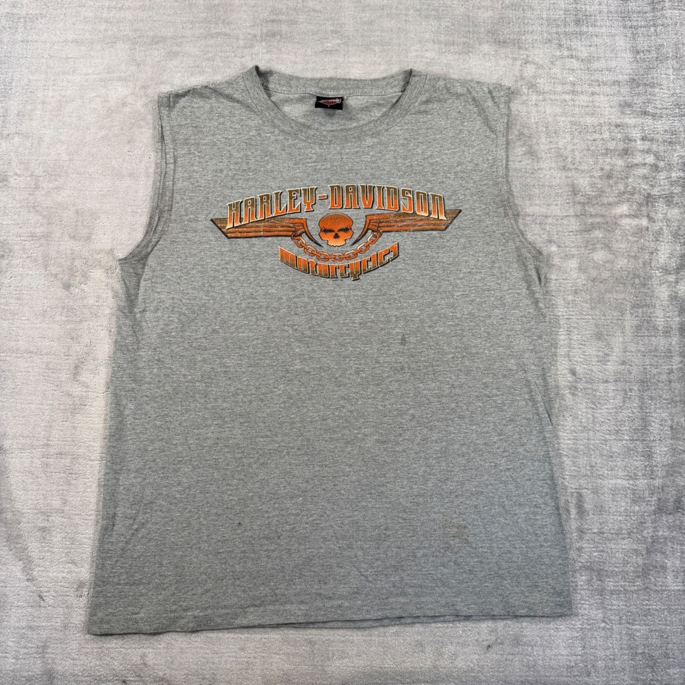 Harley Davidson Shirt Men Large Gray 2007 Skull Graphic Biker Muscle Tank Top